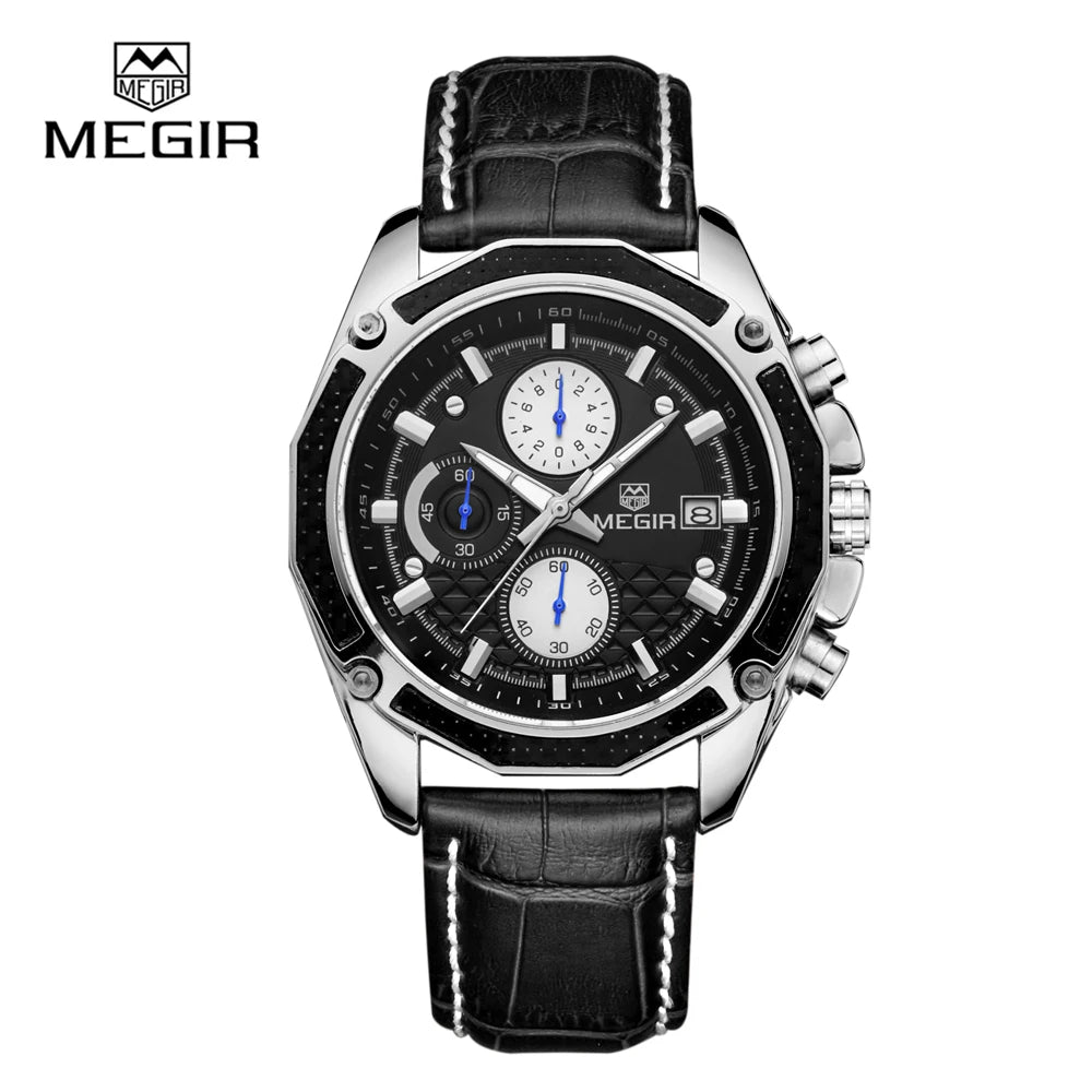 MEGIR 2015 Fashion Gentlemen Quartz Movement Watch Manufacturer Genuine Leather Water Resistant Man Wristwatch Business Watch