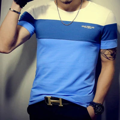 Men's Casual Patchwork T-Shirt - Short Sleeve Cotton Blend Tee