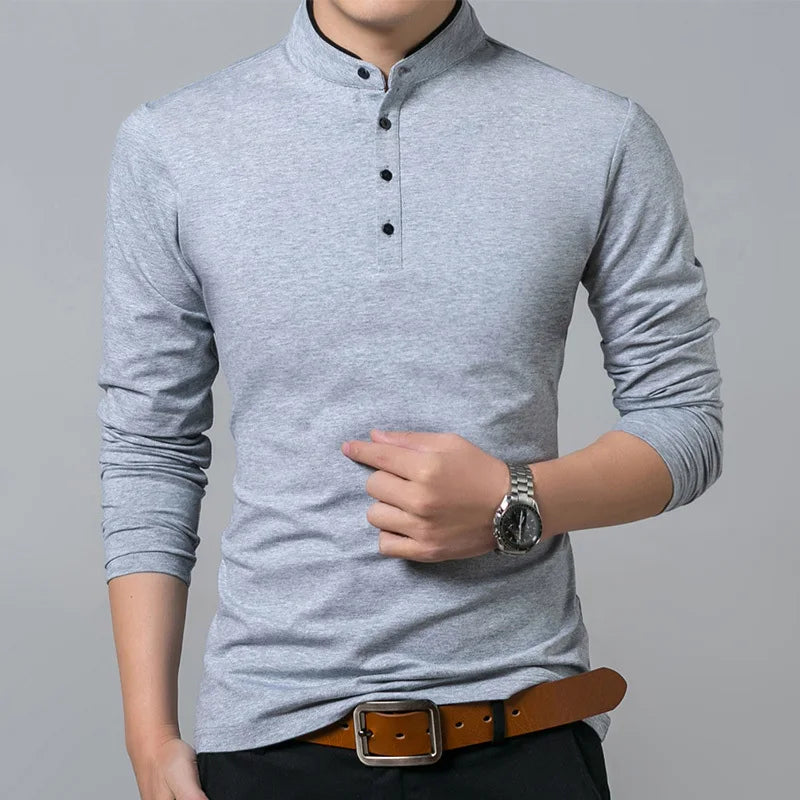 Men's Premium Cotton Long Sleeve T-Shirt - Mandarin Collar