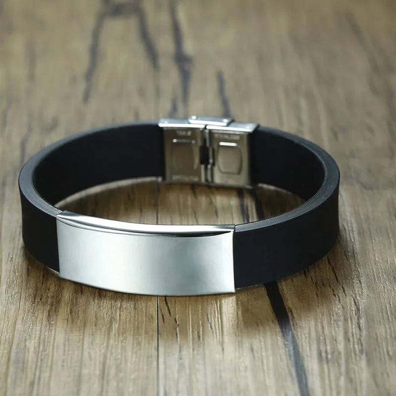 Vnox Fathers Day Gift For Dad Silicone Bracelet For Men Adjustable Stainless Steel ID Bar - Custom Engraving