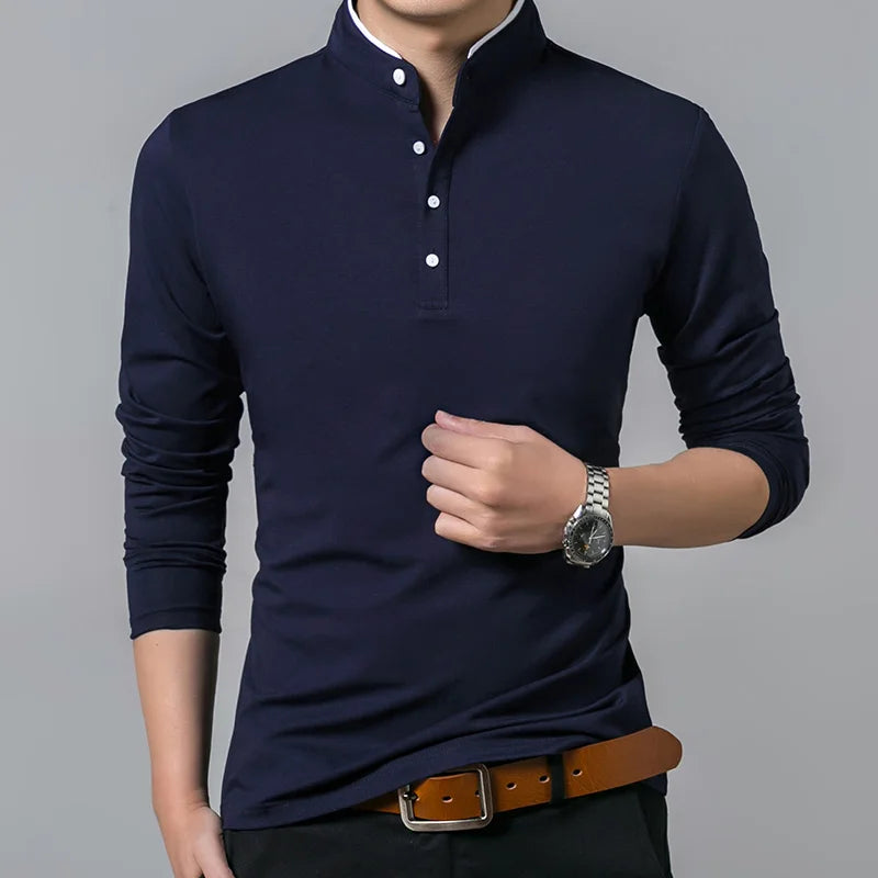 Men's Premium Cotton Long Sleeve T-Shirt - Mandarin Collar