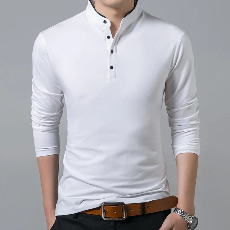 Men's Premium Cotton Long Sleeve T-Shirt - Mandarin Collar