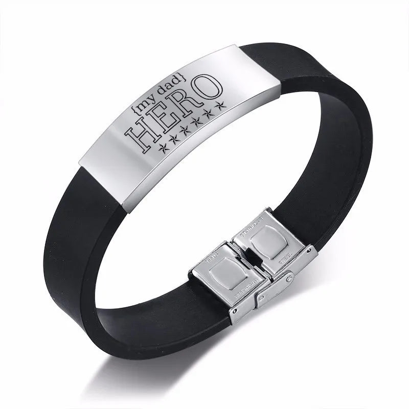 Vnox Fathers Day Gift For Dad Silicone Bracelet For Men Adjustable Stainless Steel ID Bar - Custom Engraving