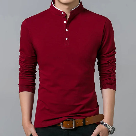 Men's Premium Cotton Long Sleeve T-Shirt - Mandarin Collar