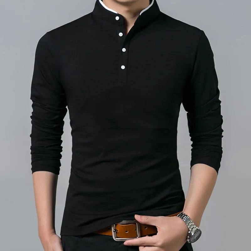 Men's Premium Cotton Long Sleeve T-Shirt - Mandarin Collar