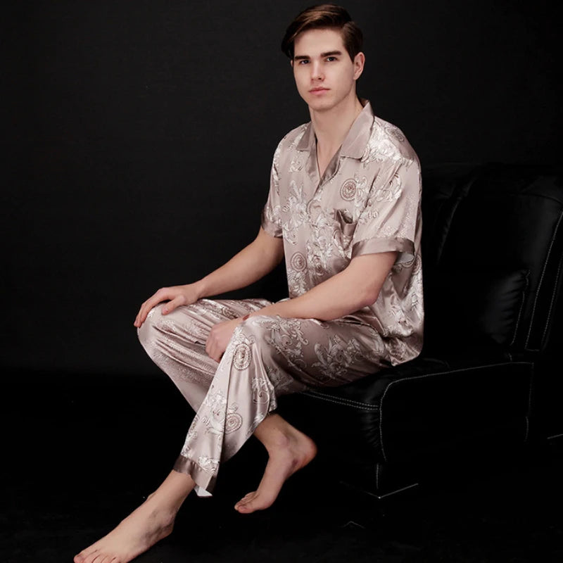 Men's Satin Pajama Set - Short Sleeve & Long Pants Loungewear