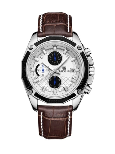 MEGIR 2015 Fashion Gentlemen Quartz Movement Watch Manufacturer Genuine Leather Water Resistant Man Wristwatch Business Watch