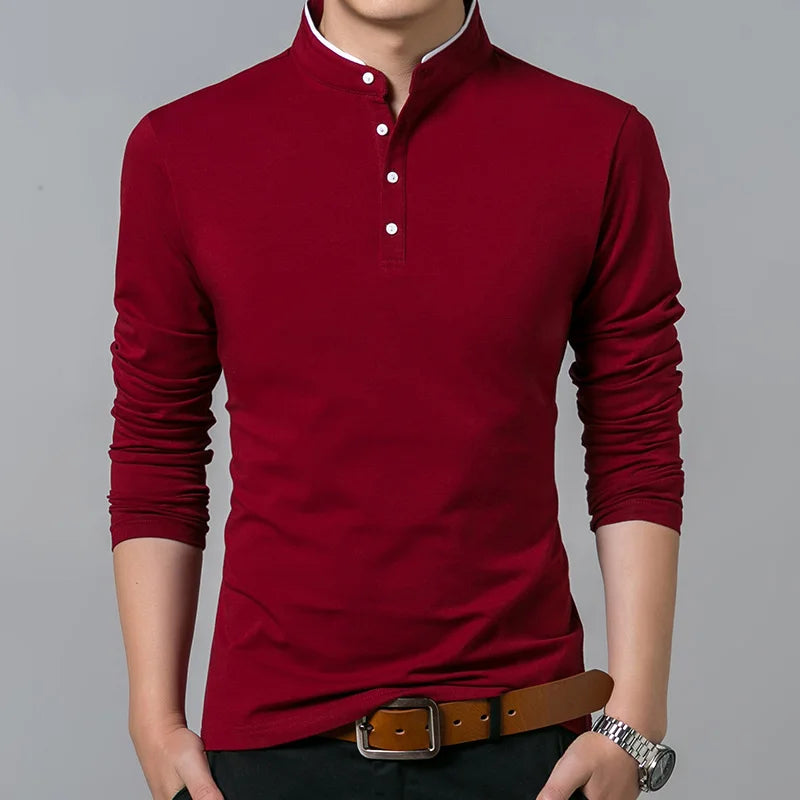 Men's Premium Cotton Long Sleeve T-Shirt - Mandarin Collar