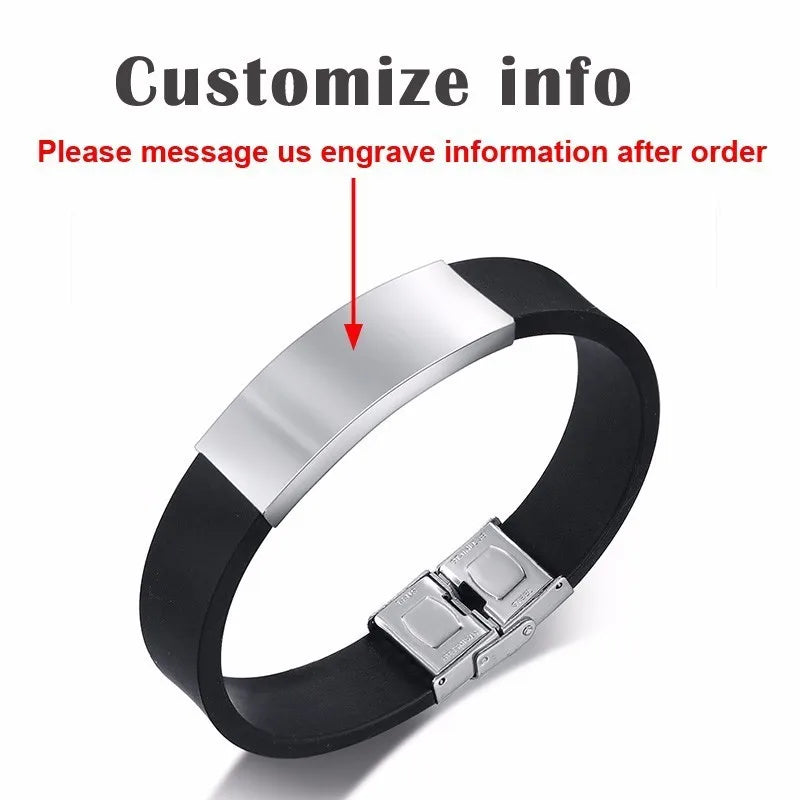 Vnox Fathers Day Gift For Dad Silicone Bracelet For Men Adjustable Stainless Steel ID Bar - Custom Engraving