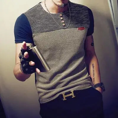 Men's Casual Patchwork T-Shirt - Short Sleeve Cotton Blend Tee