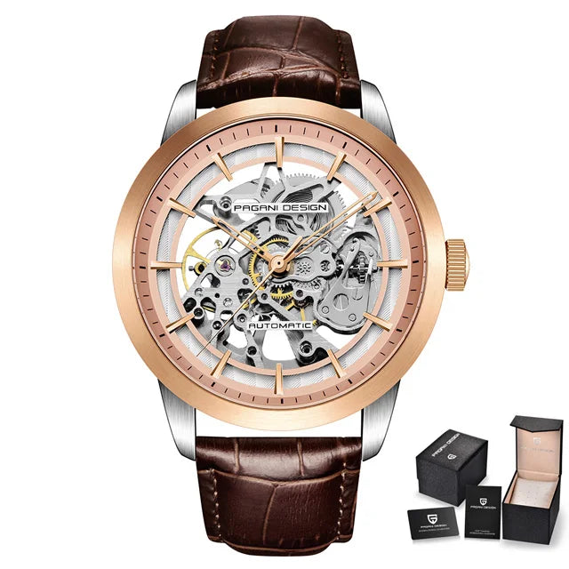 Pagani Design 1638 Mens Mechanical Watch Genuine Leather Strap Waterproof Skeleton Luxury Watch Relojes Hombre