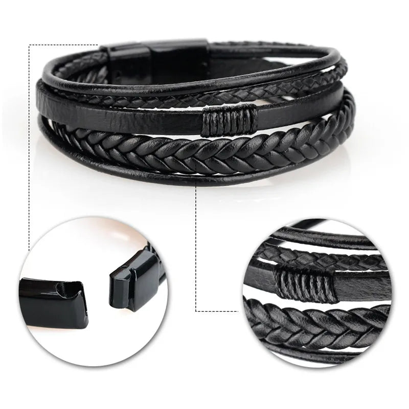 Trendy Genuine Leather Bracelets Men Stainless Steel Multilayer Braided Rope Bracelets for Male Female Bracelets Jewelry for Man