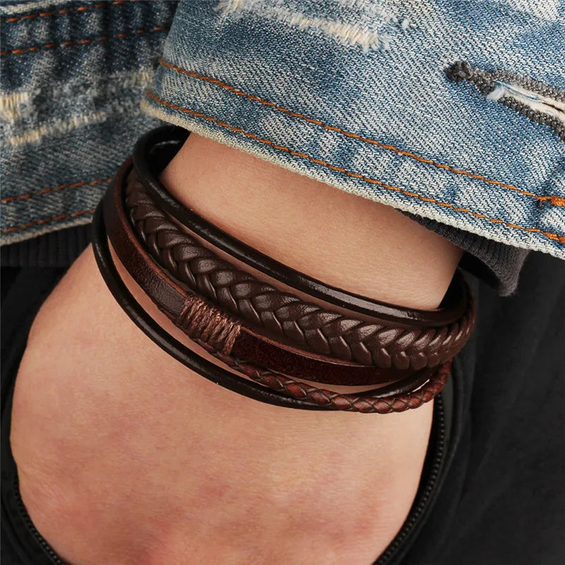 Trendy Genuine Leather Bracelets Men Stainless Steel Multilayer Braided Rope Bracelets for Male Female Bracelets Jewelry for Man