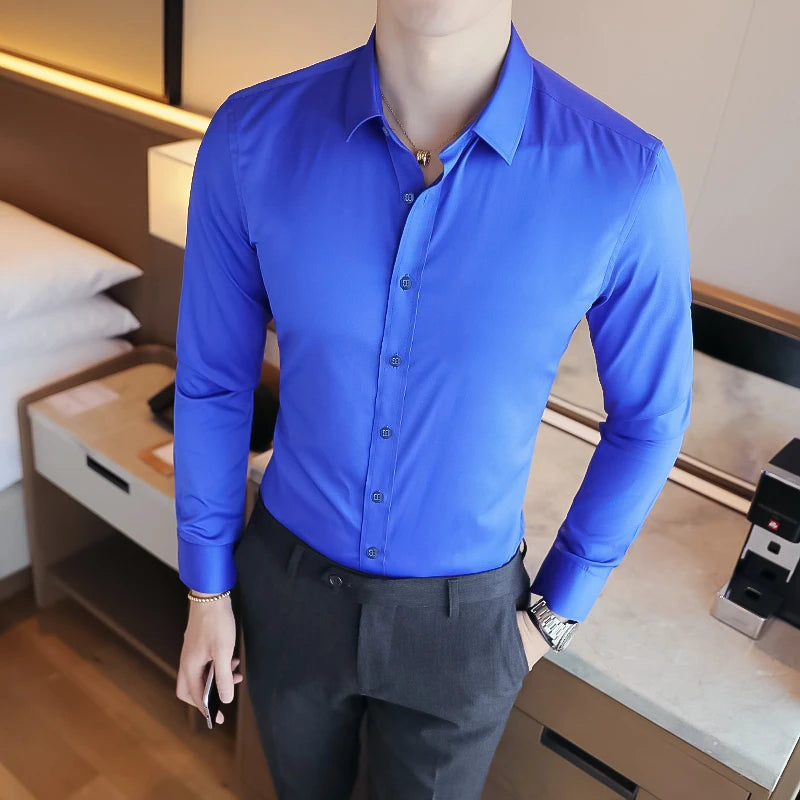 2026 New Men's Formal Dress Shirt,White Black Blue Long Sleeve Shirts, Business Slim Fit Camisa Male Chemise Red Purple