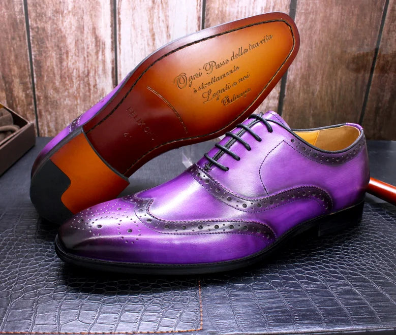 2025 NewLuxury Genuine Leather Shoes for Men British Style Business Oxford Shoes Men Purple Carving Brogues Dress Shoes for Men