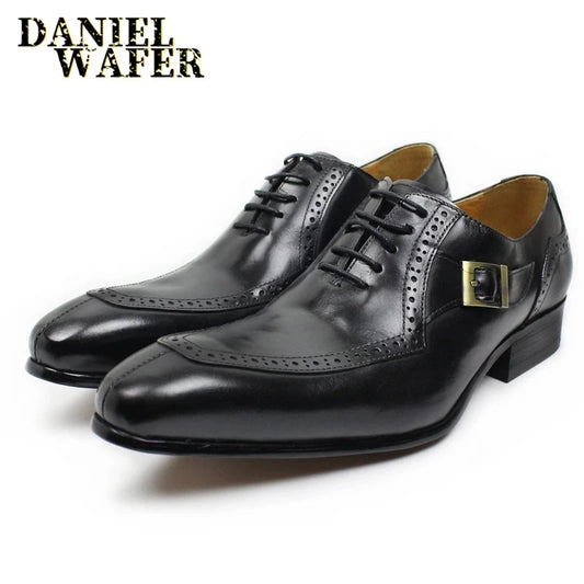 Customized Italian Style Men's Dress Genuine Leather Shoes Luxury Men  Monk Strap Lace-up Business Office Leather Wedding Shoes