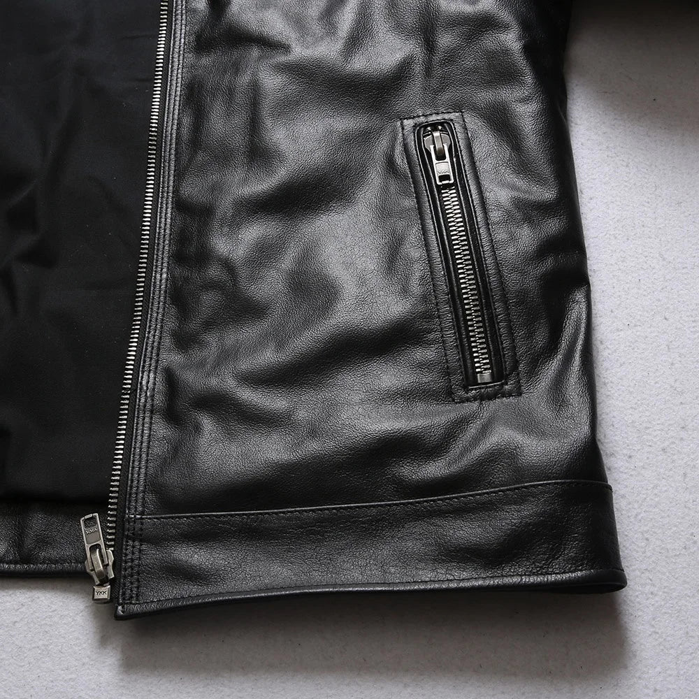 Wholesale Fashion Personalized 100% Pure Cowhide Coat Mens Black Colour Motorcycle Genuine Leather Jacket