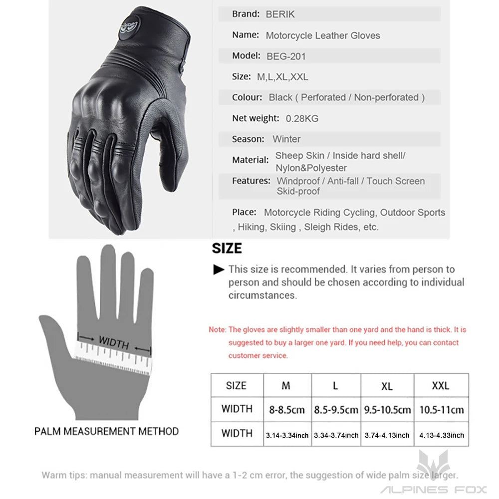 BERIK Vintage Motorcycle Gloves Men Black Full Finger Genuine Leather Motocross Biker Guantes Touch Screen Moto Cycling Gloves