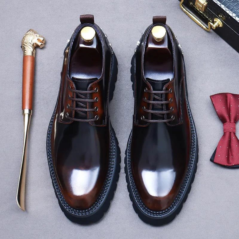 New Style 2025 Outdoor Walking Breathable Patent Genuine Leather Dress Shoes Men's Platform Handmade Wedding Party Shoes