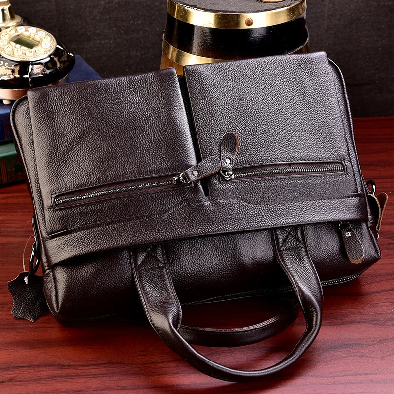 Men's Genuine Leather Laptop Briefcase Bag 100% Real Cowskin Leather Computer Bag Handbags Man Male Tote Bags for Layer Doctor