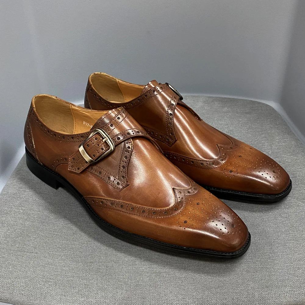 High Quality Handmade Monk Strap Genuine Leather Shoes for Men Block Carved Cowhide Men Dress Shoes Loafer Men Formal Shoes