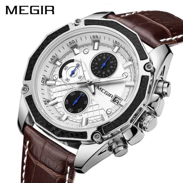 MEGIR 2015 Fashion Gentlemen Quartz Movement Watch Manufacturer Genuine Leather Water Resistant Man Wristwatch Business Watch
