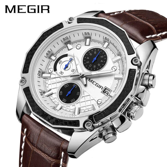 MEGIR 2015 Fashion Gentlemen Quartz Movement Watch Manufacturer Genuine Leather Water Resistant Man Wristwatch Business Watch