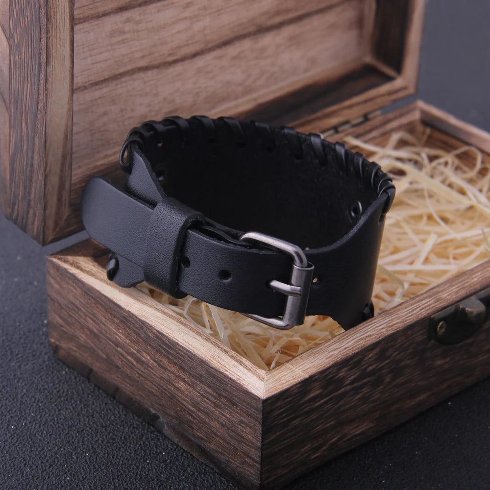 NONECN Charm Wide Leather Bracelet For Men Punk Braided Rope Alloy Cuff Bangle Viking Jewelry - Durable Zinc Alloy Cuff