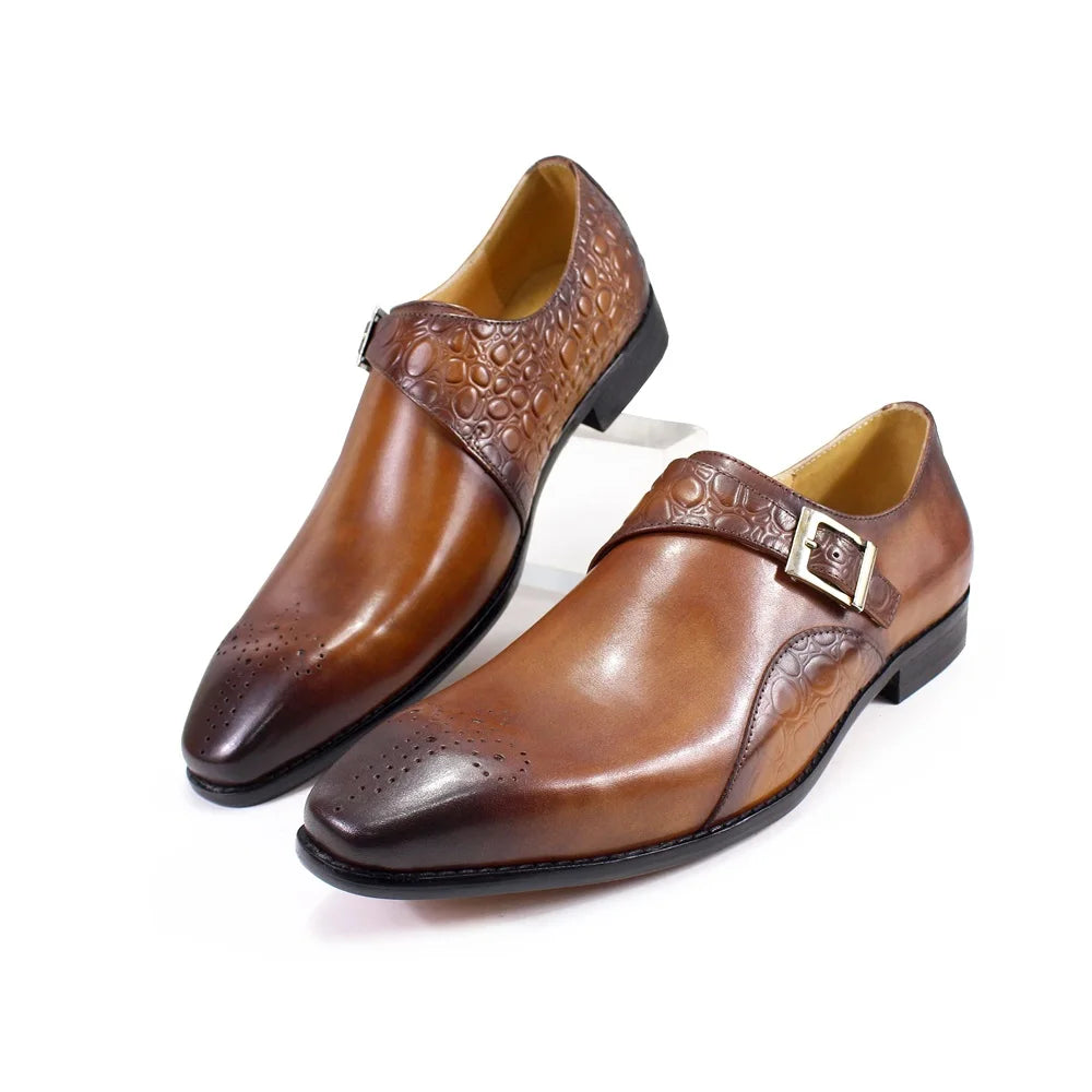 2025Handmade High Quality Genuine Leather Monk Strap Shoes for Men Block Carved Cowhide Men Dress Shoes Oxfords Men Formal Shoes