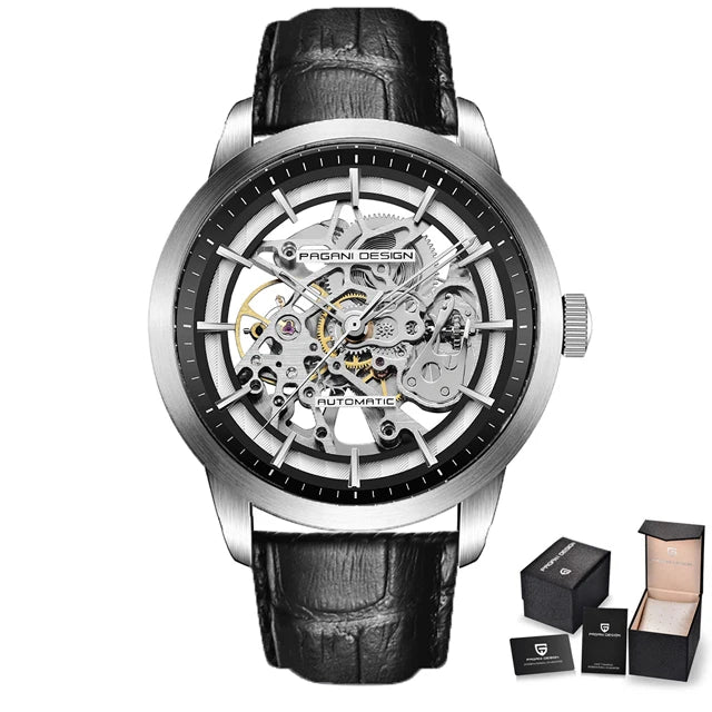 Pagani Design 1638 Mens Mechanical Watch Genuine Leather Strap Waterproof Skeleton Luxury Watch Relojes Hombre