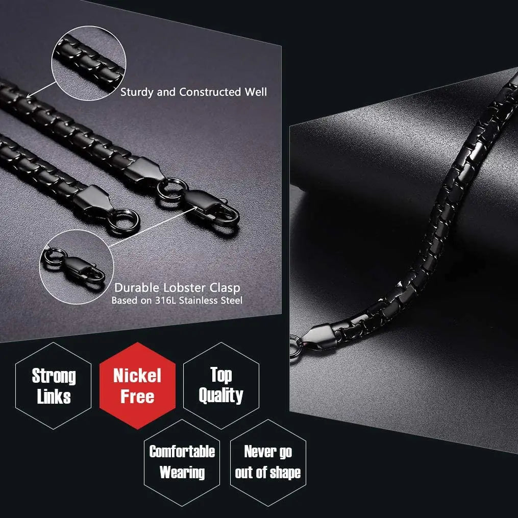 USENSETCN 4mm 6mm Flat Box Chain Stainless Steel Necklace Black Unisex - Durable Fashion Jewelry Gift