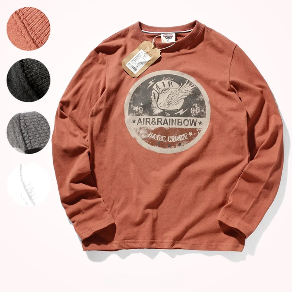 Men's Long Sleeve T-Shirt Spring and Autumn Pure Cotton Washed Distressed Brushed Trendy Tops