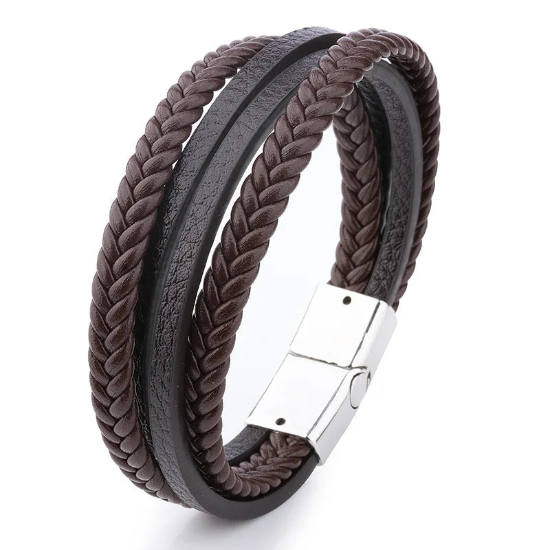 Trendy Genuine Leather Bracelets Men Stainless Steel Multilayer Braided Rope Bracelets for Male Female Bracelets Jewelry for Man