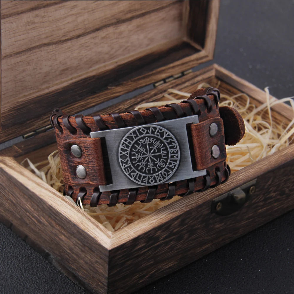 NONECN Charm Wide Leather Bracelet For Men Punk Braided Rope Alloy Cuff Bangle Viking Jewelry - Durable Zinc Alloy Cuff