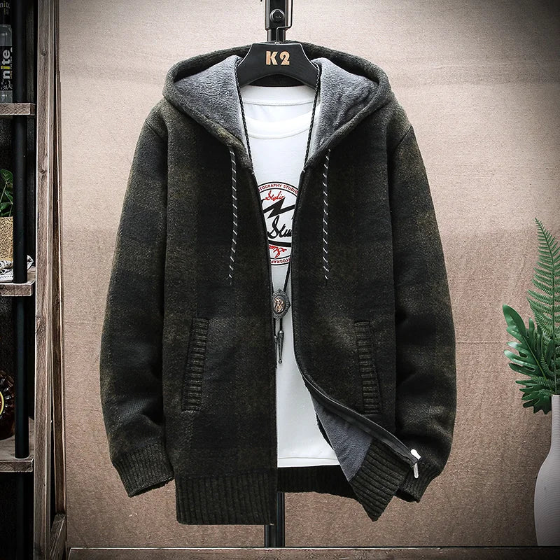 Men's Plaid Hooded Cardigan Sweater Jacket