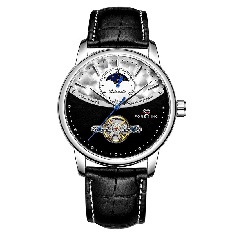 Forsining 8179 Classic Blue Moon Phase Mechanical Watches Automatic Tourbillon Men's Genuine Leather Watch Relogio Masculino