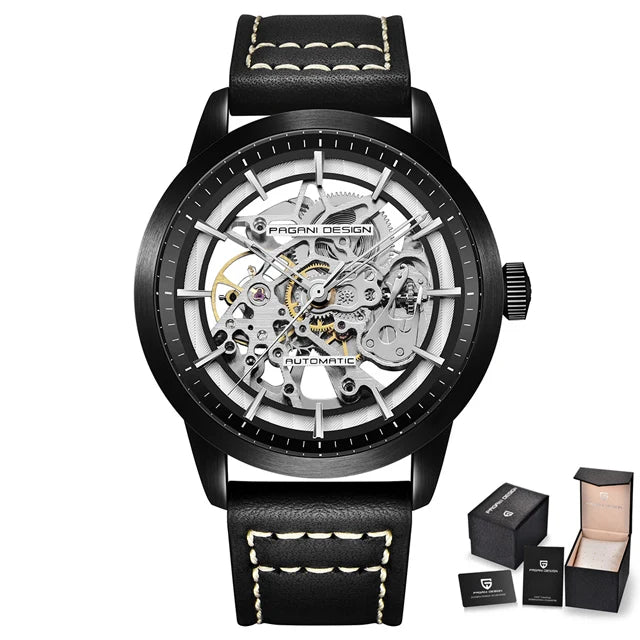Pagani Design 1638 Mens Mechanical Watch Genuine Leather Strap Waterproof Skeleton Luxury Watch Relojes Hombre