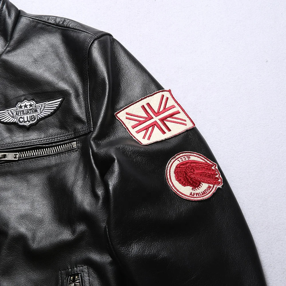 Wholesale Fashion Personalized 100% Pure Cowhide Coat Mens Black Colour Motorcycle Genuine Leather Jacket