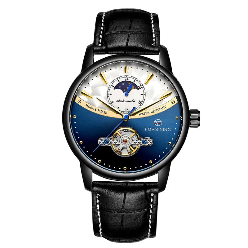 Forsining 8179 Classic Blue Moon Phase Mechanical Watches Automatic Tourbillon Men's Genuine Leather Watch Relogio Masculino