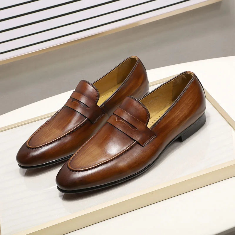 2025 Men's Genuine Leather Dress Shoes Black and Brown Loafer Slip-On with Pointed Toe Casual Formal Style for Holiday Party