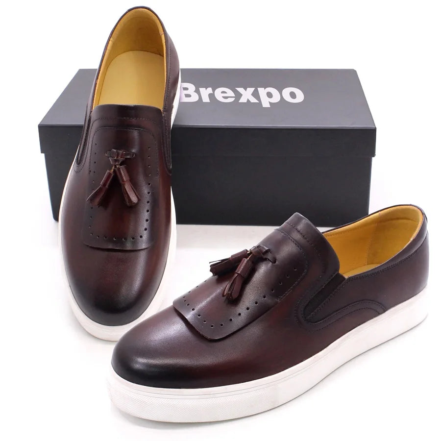 Premium Quality Handmade Skateboard Italian Style Men Sports Genuine Leather Shoes Slip on Sneakers Casual Shoes with Tassels