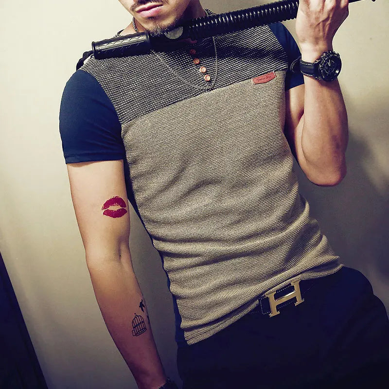 Men's Casual Patchwork T-Shirt - Short Sleeve Cotton Blend Tee