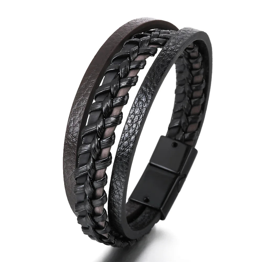 Trendy Genuine Leather Bracelets Men Stainless Steel Multilayer Braided Rope Bracelets for Male Female Bracelets Jewelry for Man