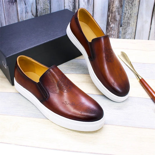2022 New Trendy Handmade Italian Men Slip on Casual Dress Shoes Genuine Leather Laser Print Pattern Flat Comfortable Shoes