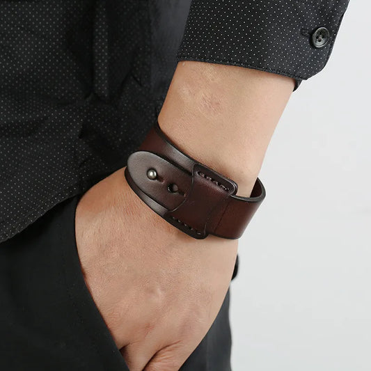 ZORCVENS Vintage Irregular Genuine Leather Bracelet - Unisex Wide Brown Cuff Wrap Punk Wristband