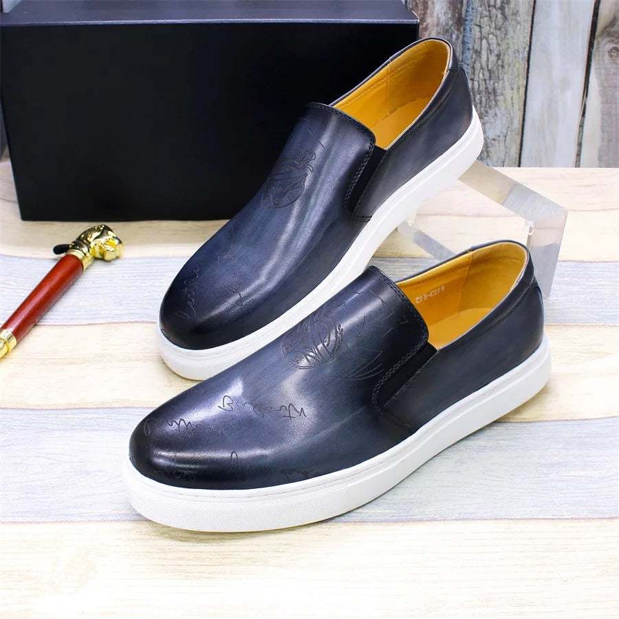2022 New Trendy Handmade Italian Men Slip on Casual Dress Shoes Genuine Leather Laser Print Pattern Flat Comfortable Shoes