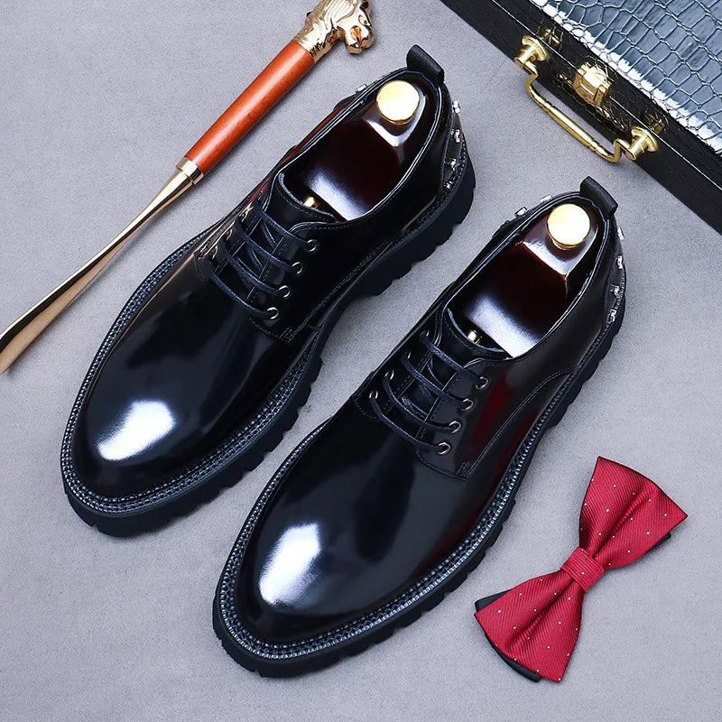 New Style 2025 Outdoor Walking Breathable Patent Genuine Leather Dress Shoes Men's Platform Handmade Wedding Party Shoes