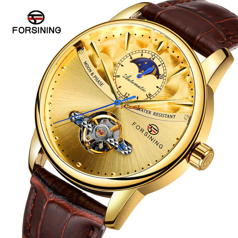 Forsining 8179 Classic Blue Moon Phase Mechanical Watches Automatic Tourbillon Men's Genuine Leather Watch Relogio Masculino