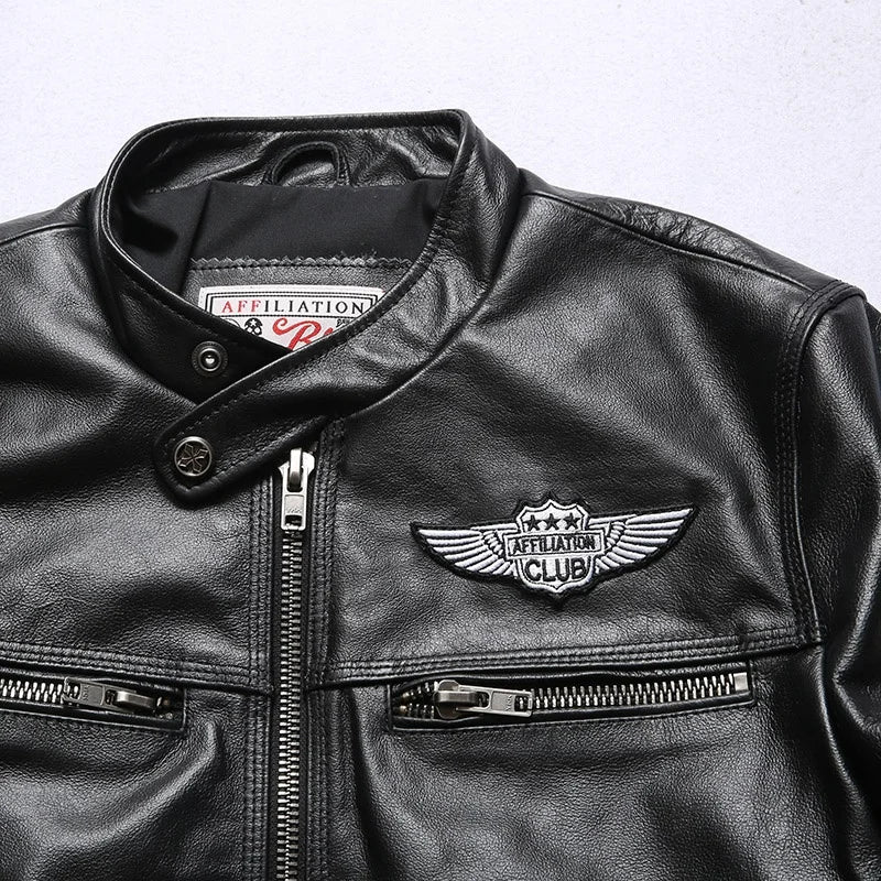 Wholesale Fashion Personalized 100% Pure Cowhide Coat Mens Black Colour Motorcycle Genuine Leather Jacket