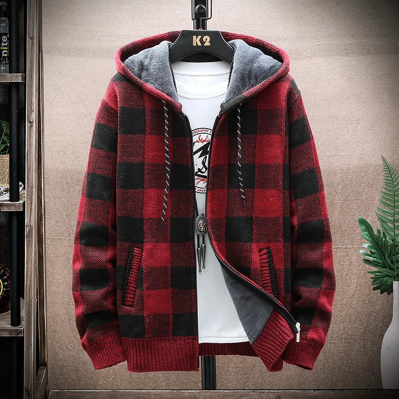 Men's Plaid Hooded Cardigan Sweater Jacket